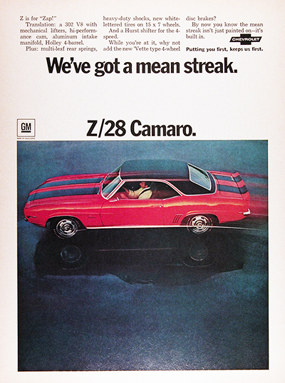 1969 Chevrolet Camaro Z/28 Genuine Vintage Ad #026042