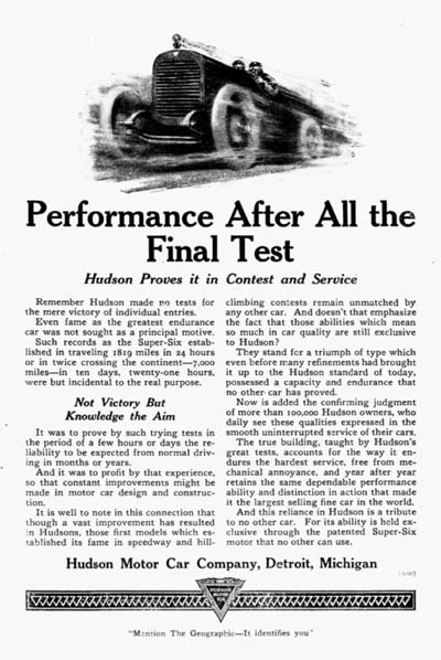 1920 Hudson Race Car Vintage Ad #000101