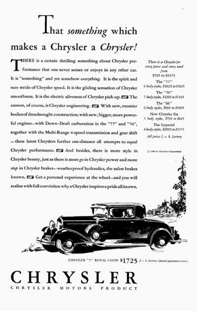 1930 Chrysler Royal Coupe Vintage Ad #000101