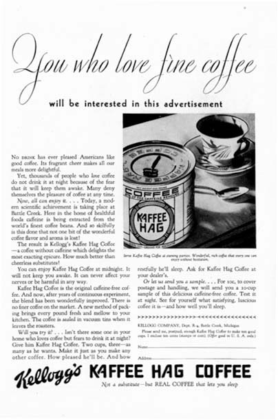 1930 Kellogg's Hag Coffee Vintage Ad #000284
